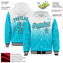 Load image into Gallery viewer, Custom White Lakes Blue-Black Gradient Square Shape 3D Pattern Design Bomber Full-Snap Varsity Letterman Hoodie Jacket
