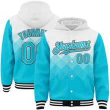 Load image into Gallery viewer, Custom White Lakes Blue-Black Gradient Square Shape 3D Pattern Design Bomber Full-Snap Varsity Letterman Hoodie Jacket
