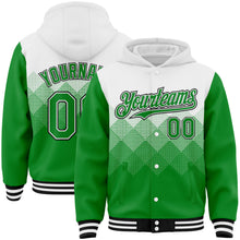 Load image into Gallery viewer, Custom White Grass Green-Black Gradient Square Shape 3D Pattern Design Bomber Full-Snap Varsity Letterman Hoodie Jacket
