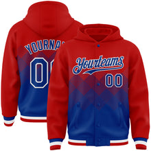 Load image into Gallery viewer, Custom Red Royal-White Gradient Square Shape 3D Pattern Design Bomber Full-Snap Varsity Letterman Hoodie Jacket
