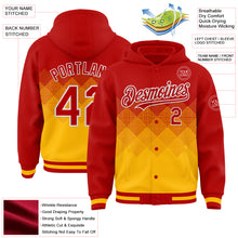 Load image into Gallery viewer, Custom Red Gold-White Gradient Square Shape 3D Pattern Design Bomber Full-Snap Varsity Letterman Hoodie Jacket
