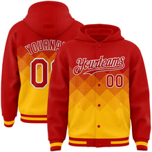 Load image into Gallery viewer, Custom Red Gold-White Gradient Square Shape 3D Pattern Design Bomber Full-Snap Varsity Letterman Hoodie Jacket
