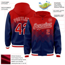 Load image into Gallery viewer, Custom Red Navy-White Gradient Square Shape 3D Pattern Design Bomber Full-Snap Varsity Letterman Hoodie Jacket
