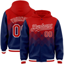 Load image into Gallery viewer, Custom Red Navy-White Gradient Square Shape 3D Pattern Design Bomber Full-Snap Varsity Letterman Hoodie Jacket
