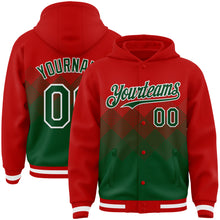 Load image into Gallery viewer, Custom Red Green-White Gradient Square Shape 3D Pattern Design Bomber Full-Snap Varsity Letterman Hoodie Jacket
