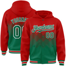 Load image into Gallery viewer, Custom Red Kelly Green-White Gradient Square Shape 3D Pattern Design Bomber Full-Snap Varsity Letterman Hoodie Jacket
