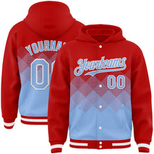 Load image into Gallery viewer, Custom Red Light Blue-White Gradient Square Shape 3D Pattern Design Bomber Full-Snap Varsity Letterman Hoodie Jacket

