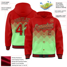 Load image into Gallery viewer, Custom Red Pea Green-Black Gradient Square Shape 3D Pattern Design Bomber Full-Snap Varsity Letterman Hoodie Jacket
