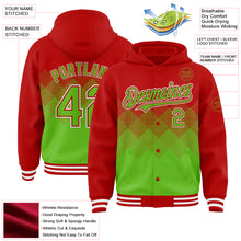 Load image into Gallery viewer, Custom Red Aurora Green-White Gradient Square Shape 3D Pattern Design Bomber Full-Snap Varsity Letterman Hoodie Jacket

