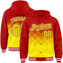 Load image into Gallery viewer, Custom Red Light Yellow-White Gradient Square Shape 3D Pattern Design Bomber Full-Snap Varsity Letterman Hoodie Jacket
