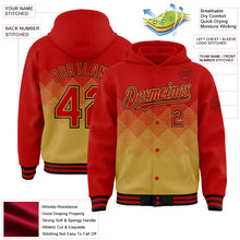 Load image into Gallery viewer, Custom Red Old Gold-Black Gradient Square Shape 3D Pattern Design Bomber Full-Snap Varsity Letterman Hoodie Jacket
