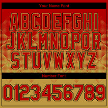 Load image into Gallery viewer, Custom Red Old Gold-Black Gradient Square Shape 3D Pattern Design Bomber Full-Snap Varsity Letterman Hoodie Jacket
