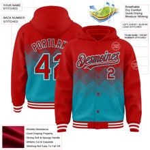 Load image into Gallery viewer, Custom Red Teal-White Gradient Square Shape 3D Pattern Design Bomber Full-Snap Varsity Letterman Hoodie Jacket
