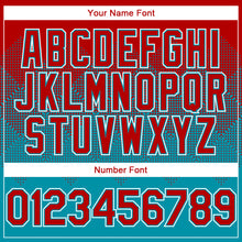 Load image into Gallery viewer, Custom Red Teal-White Gradient Square Shape 3D Pattern Design Bomber Full-Snap Varsity Letterman Hoodie Jacket
