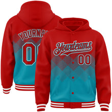 Load image into Gallery viewer, Custom Red Teal-White Gradient Square Shape 3D Pattern Design Bomber Full-Snap Varsity Letterman Hoodie Jacket
