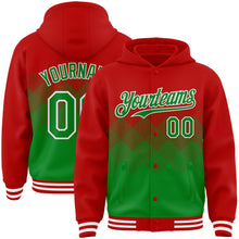Load image into Gallery viewer, Custom Red Grass Green-White Gradient Square Shape 3D Pattern Design Bomber Full-Snap Varsity Letterman Hoodie Jacket
