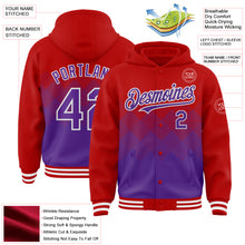 Load image into Gallery viewer, Custom Red Purple-White Gradient Square Shape 3D Pattern Design Bomber Full-Snap Varsity Letterman Hoodie Jacket
