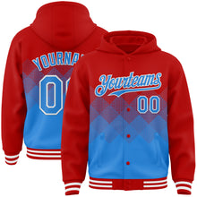 Load image into Gallery viewer, Custom Red Powder Blue-White Gradient Square Shape 3D Pattern Design Bomber Full-Snap Varsity Letterman Hoodie Jacket

