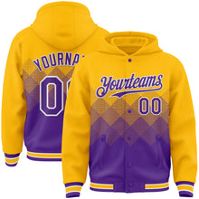 Load image into Gallery viewer, Custom Gold Purple-White Gradient Square Shape 3D Pattern Design Bomber Full-Snap Varsity Letterman Hoodie Jacket
