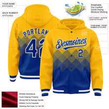 Load image into Gallery viewer, Custom Gold Royal-White Gradient Square Shape 3D Pattern Design Bomber Full-Snap Varsity Letterman Hoodie Jacket
