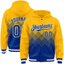 Load image into Gallery viewer, Custom Gold Royal-White Gradient Square Shape 3D Pattern Design Bomber Full-Snap Varsity Letterman Hoodie Jacket
