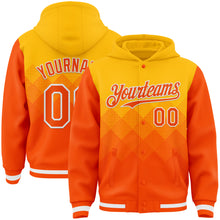 Load image into Gallery viewer, Custom Gold Orange-White Gradient Square Shape 3D Pattern Design Bomber Full-Snap Varsity Letterman Hoodie Jacket

