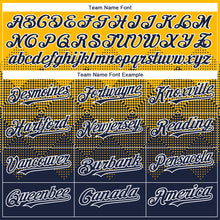 Load image into Gallery viewer, Custom Gold Navy-White Gradient Square Shape 3D Pattern Design Bomber Full-Snap Varsity Letterman Hoodie Jacket
