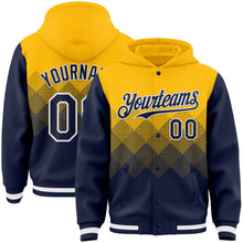 Load image into Gallery viewer, Custom Gold Navy-White Gradient Square Shape 3D Pattern Design Bomber Full-Snap Varsity Letterman Hoodie Jacket
