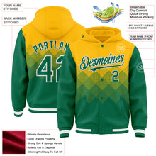 Load image into Gallery viewer, Custom Gold Kelly Green-White Gradient Square Shape 3D Pattern Design Bomber Full-Snap Varsity Letterman Hoodie Jacket
