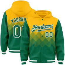 Load image into Gallery viewer, Custom Gold Kelly Green-White Gradient Square Shape 3D Pattern Design Bomber Full-Snap Varsity Letterman Hoodie Jacket
