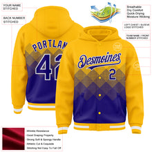 Load image into Gallery viewer, Custom Gold Dark Purple-White Gradient Square Shape 3D Pattern Design Bomber Full-Snap Varsity Letterman Hoodie Jacket
