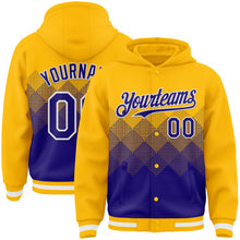 Load image into Gallery viewer, Custom Gold Dark Purple-White Gradient Square Shape 3D Pattern Design Bomber Full-Snap Varsity Letterman Hoodie Jacket
