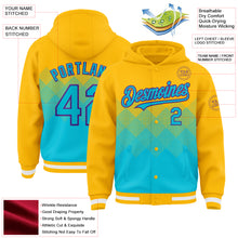 Load image into Gallery viewer, Custom Gold Lakes Blue-Purple Gradient Square Shape 3D Pattern Design Bomber Full-Snap Varsity Letterman Hoodie Jacket
