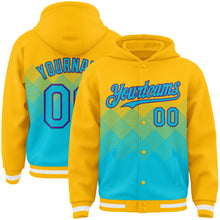 Load image into Gallery viewer, Custom Gold Lakes Blue-Purple Gradient Square Shape 3D Pattern Design Bomber Full-Snap Varsity Letterman Hoodie Jacket
