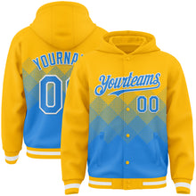 Load image into Gallery viewer, Custom Gold Powder Blue-White Gradient Square Shape 3D Pattern Design Bomber Full-Snap Varsity Letterman Hoodie Jacket
