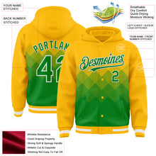 Load image into Gallery viewer, Custom Gold Grass Green-White Gradient Square Shape 3D Pattern Design Bomber Full-Snap Varsity Letterman Hoodie Jacket
