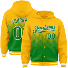 Load image into Gallery viewer, Custom Gold Grass Green-White Gradient Square Shape 3D Pattern Design Bomber Full-Snap Varsity Letterman Hoodie Jacket
