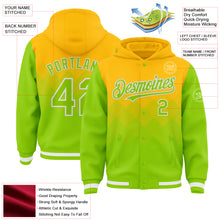 Load image into Gallery viewer, Custom Gold Neon Green-White Gradient Square Shape 3D Pattern Design Bomber Full-Snap Varsity Letterman Hoodie Jacket
