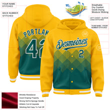 Load image into Gallery viewer, Custom Gold Midnight Green-White Gradient Square Shape 3D Pattern Design Bomber Full-Snap Varsity Letterman Hoodie Jacket
