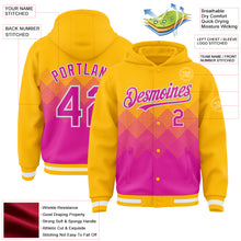 Load image into Gallery viewer, Custom Gold Deep Pink-White Gradient Square Shape 3D Pattern Design Bomber Full-Snap Varsity Letterman Hoodie Jacket
