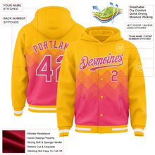 Load image into Gallery viewer, Custom Gold Neon Pink-White Gradient Square Shape 3D Pattern Design Bomber Full-Snap Varsity Letterman Hoodie Jacket
