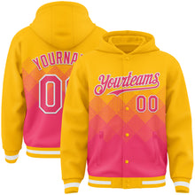 Load image into Gallery viewer, Custom Gold Neon Pink-White Gradient Square Shape 3D Pattern Design Bomber Full-Snap Varsity Letterman Hoodie Jacket
