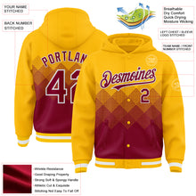 Load image into Gallery viewer, Custom Gold Maroon-White Gradient Square Shape 3D Pattern Design Bomber Full-Snap Varsity Letterman Hoodie Jacket

