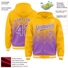 Load image into Gallery viewer, Custom Gold Medium Purple-White Gradient Square Shape 3D Pattern Design Bomber Full-Snap Varsity Letterman Hoodie Jacket
