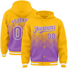 Load image into Gallery viewer, Custom Gold Medium Purple-White Gradient Square Shape 3D Pattern Design Bomber Full-Snap Varsity Letterman Hoodie Jacket
