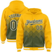 Load image into Gallery viewer, Custom Gold Olive-White Gradient Square Shape 3D Pattern Design Bomber Full-Snap Varsity Letterman Hoodie Jacket

