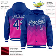 Load image into Gallery viewer, Custom Royal Deep Pink-White Gradient Square Shape 3D Pattern Design Bomber Full-Snap Varsity Letterman Hoodie Jacket
