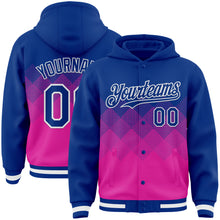 Load image into Gallery viewer, Custom Royal Deep Pink-White Gradient Square Shape 3D Pattern Design Bomber Full-Snap Varsity Letterman Hoodie Jacket
