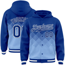 Load image into Gallery viewer, Custom Royal Light Blue-White Gradient Square Shape 3D Pattern Design Bomber Full-Snap Varsity Letterman Hoodie Jacket
