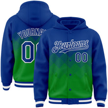 Load image into Gallery viewer, Custom Royal Grass Green-White Gradient Square Shape 3D Pattern Design Bomber Full-Snap Varsity Letterman Hoodie Jacket

